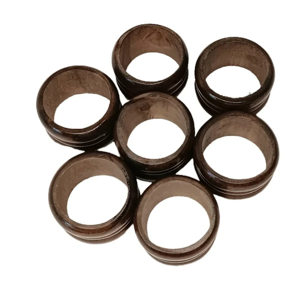 Wood Napkin Rings Brown Set Of Seven Carved Ribbed Boho Style